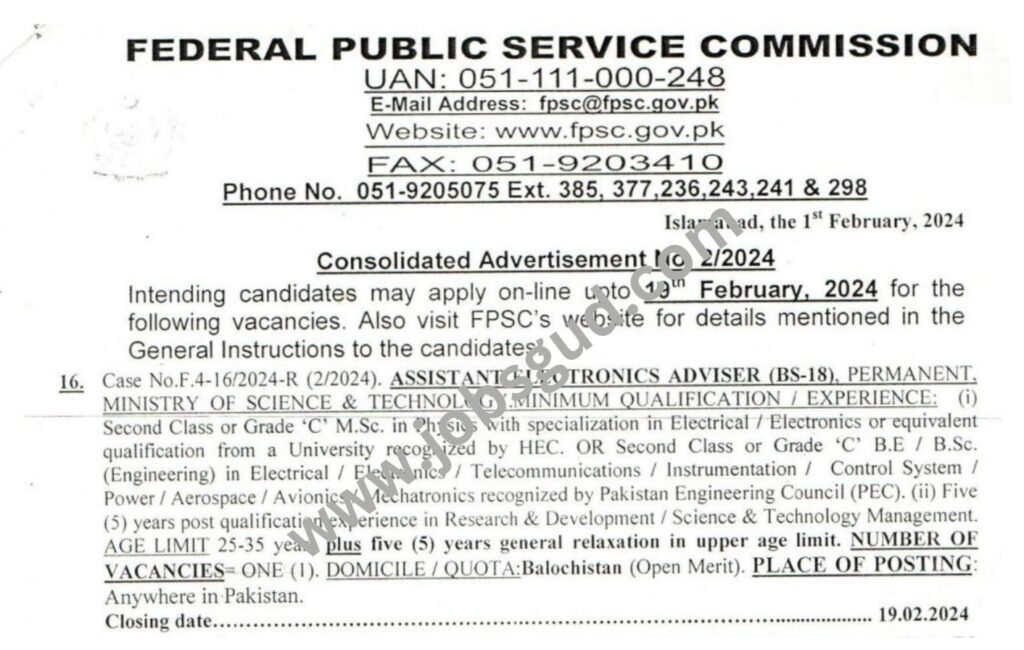 Assistant Electronics Advertiser (BS-18) FPSC Jobs 2024