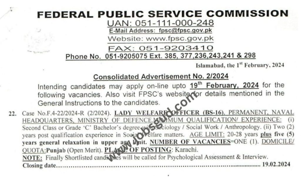 FPSC jobs for Lady Welfare Officer BS-16 Jobs 2024