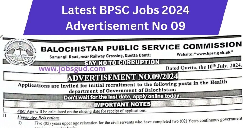 Latest BPSC Jobs 2024 Advertisement No 09